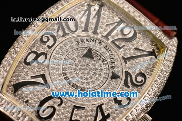 Franck Muller Cintree Curvex Ronda 762 Quartz Steel/Diamond Case with Diamond Dial and Brown Leather Strap - Click Image to Close